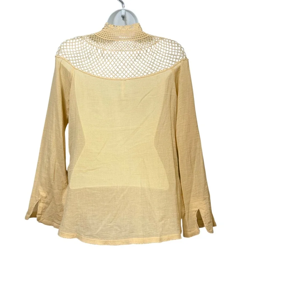 Free People Yellow Cotton Gauze Crochet Yoke Tassel Boho Top XS